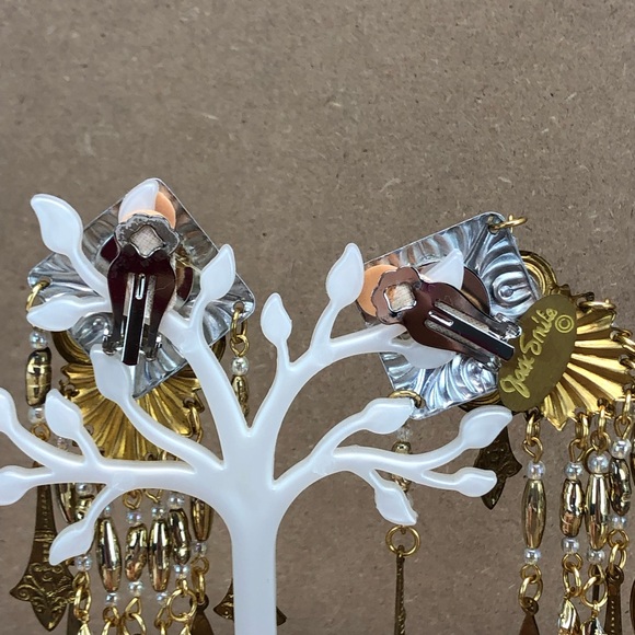 Jack Smile Chandelier Brass Faux Cabochon Rhinestones Crystal Tassel Earrings. - Picture 9 of 11